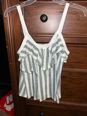 Old Navy White & Green Striped Ruffle Cami